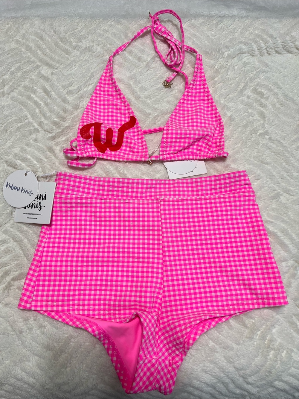 Kulani Kinis Pink Gingham Bikini Set S NWT Halter Top High Waist Cheeky Shorts